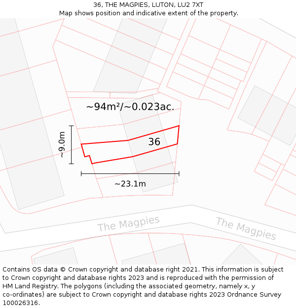 36, THE MAGPIES, LUTON, LU2 7XT: Plot and title map