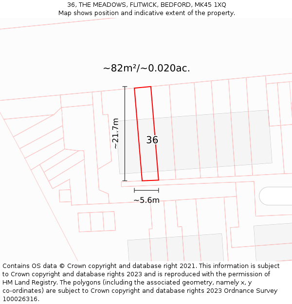 36, THE MEADOWS, FLITWICK, BEDFORD, MK45 1XQ: Plot and title map