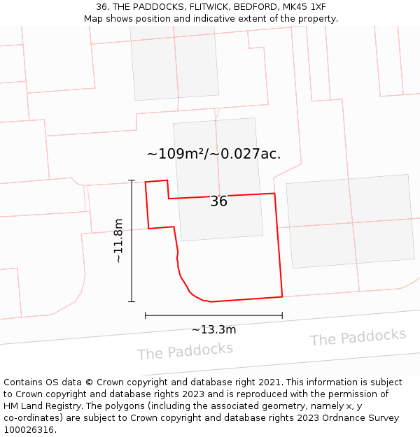 36, THE PADDOCKS, FLITWICK, BEDFORD, MK45 1XF: Plot and title map