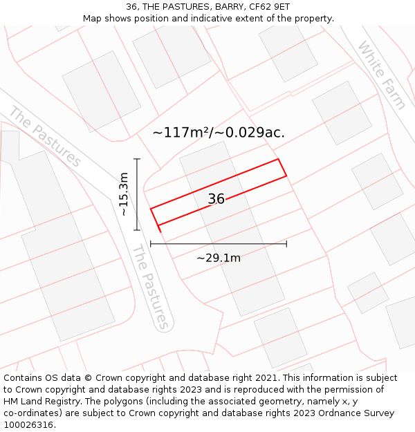 36, THE PASTURES, BARRY, CF62 9ET: Plot and title map