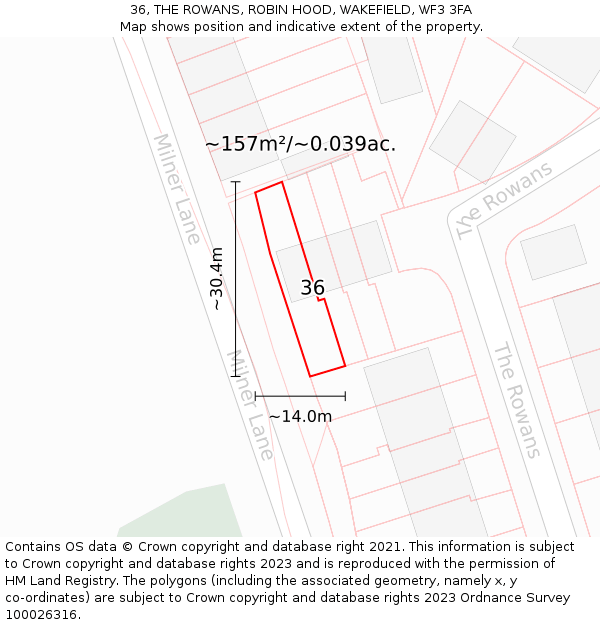 36, THE ROWANS, ROBIN HOOD, WAKEFIELD, WF3 3FA: Plot and title map