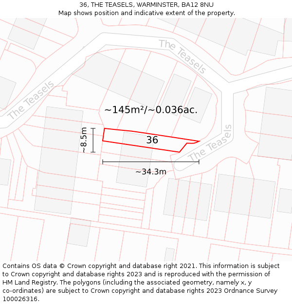 36, THE TEASELS, WARMINSTER, BA12 8NU: Plot and title map