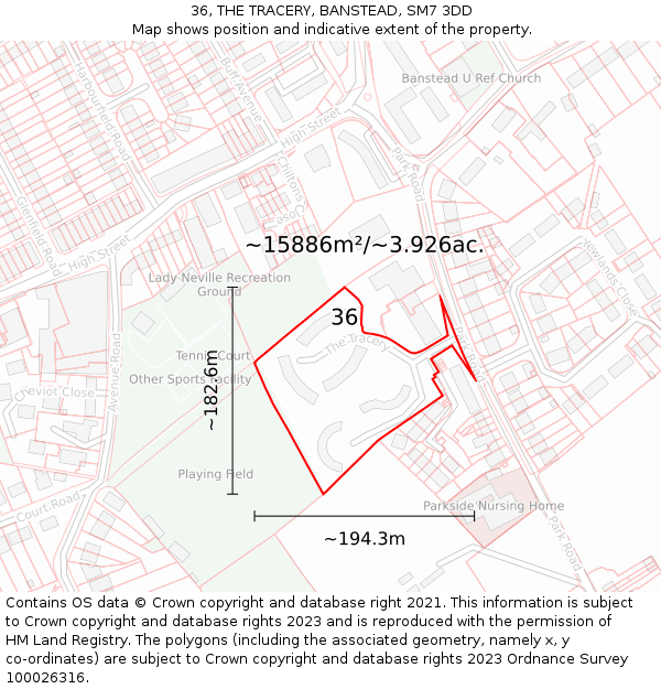 36, THE TRACERY, BANSTEAD, SM7 3DD: Plot and title map