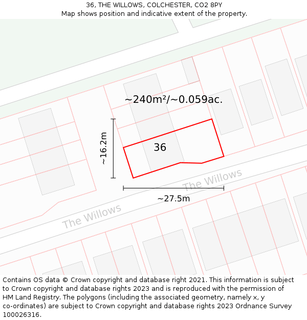 36, THE WILLOWS, COLCHESTER, CO2 8PY: Plot and title map