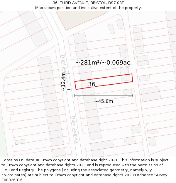 36, THIRD AVENUE, BRISTOL, BS7 0RT: Plot and title map