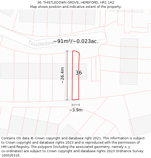 36, THISTLEDOWN GROVE, HEREFORD, HR1 1AZ: Plot and title map