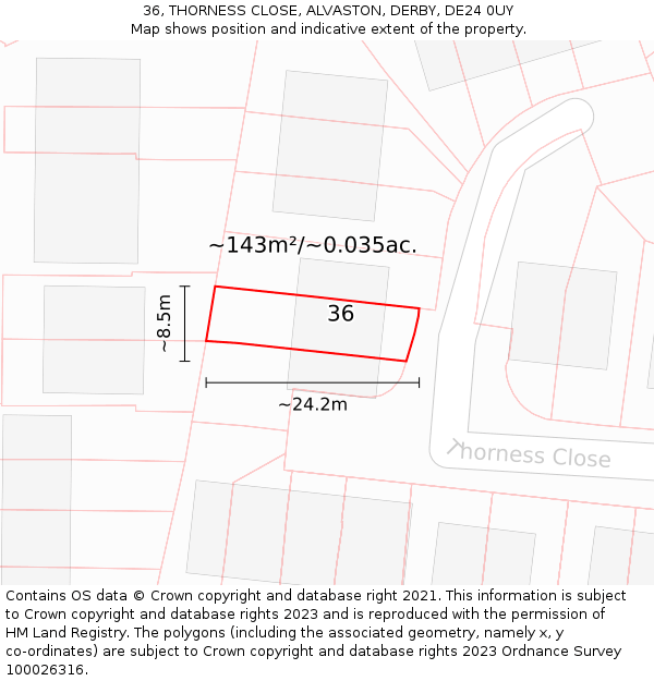36, THORNESS CLOSE, ALVASTON, DERBY, DE24 0UY: Plot and title map