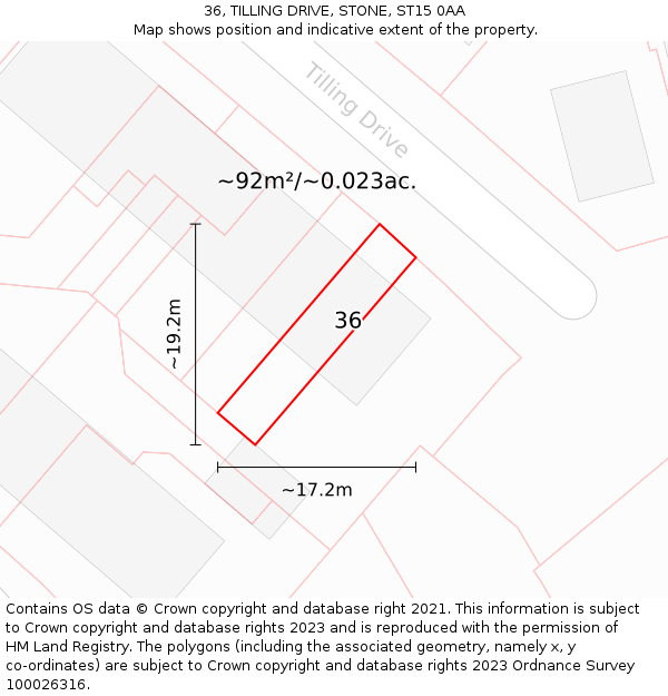 36, TILLING DRIVE, STONE, ST15 0AA: Plot and title map