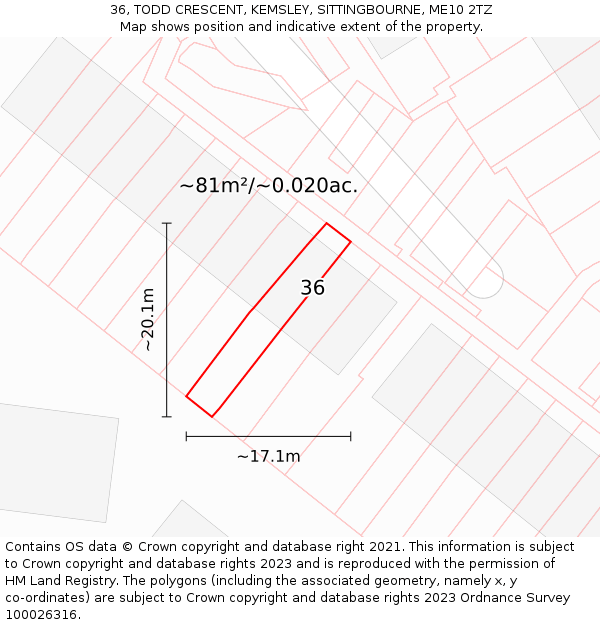 36, TODD CRESCENT, KEMSLEY, SITTINGBOURNE, ME10 2TZ: Plot and title map