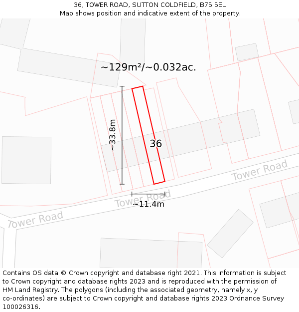 36, TOWER ROAD, SUTTON COLDFIELD, B75 5EL: Plot and title map