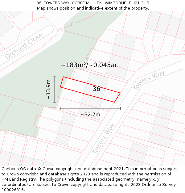 36, TOWERS WAY, CORFE MULLEN, WIMBORNE, BH21 3UB: Plot and title map