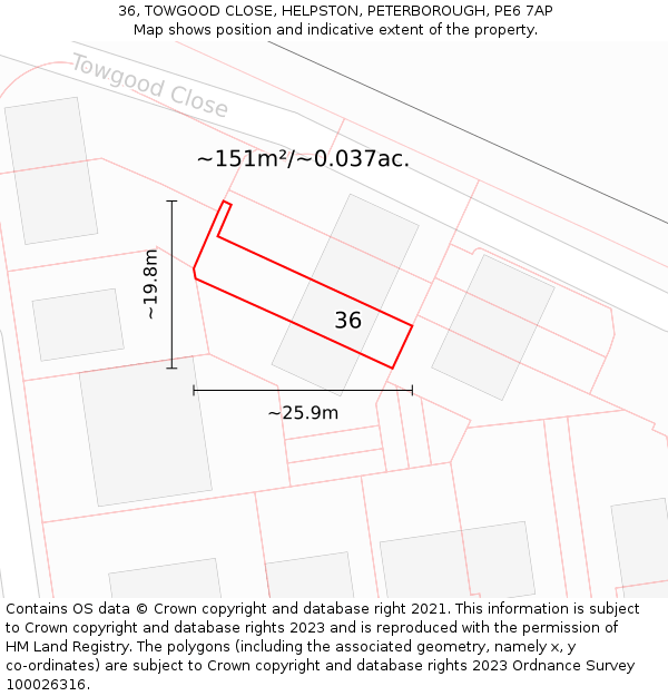 36, TOWGOOD CLOSE, HELPSTON, PETERBOROUGH, PE6 7AP: Plot and title map