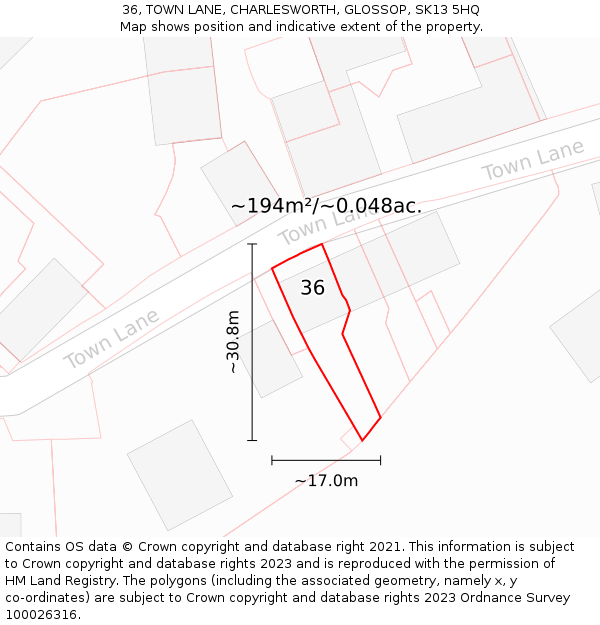 36, TOWN LANE, CHARLESWORTH, GLOSSOP, SK13 5HQ: Plot and title map