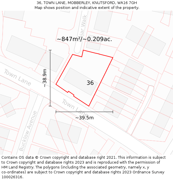 36, TOWN LANE, MOBBERLEY, KNUTSFORD, WA16 7GH: Plot and title map