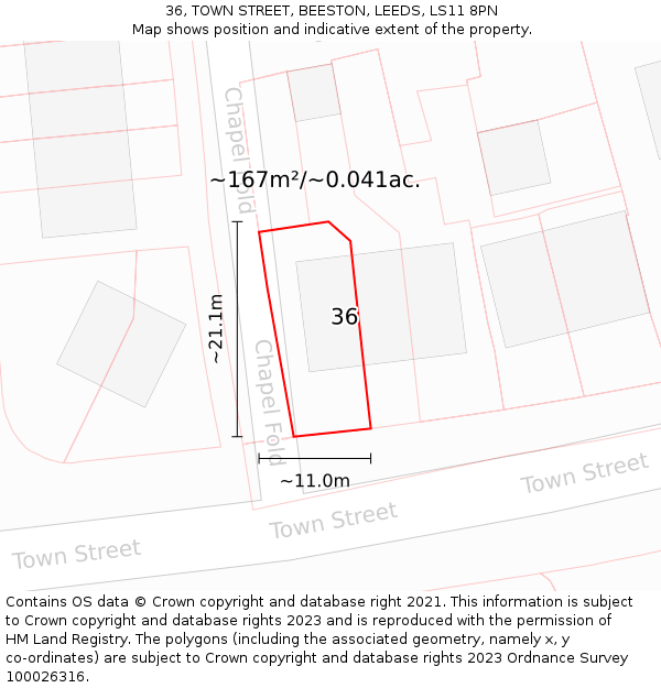 36, TOWN STREET, BEESTON, LEEDS, LS11 8PN: Plot and title map