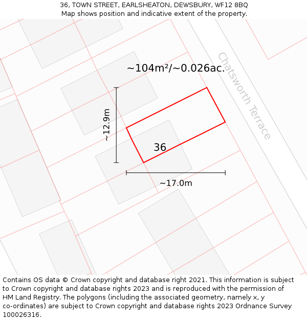 36, TOWN STREET, EARLSHEATON, DEWSBURY, WF12 8BQ: Plot and title map