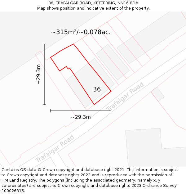 36, TRAFALGAR ROAD, KETTERING, NN16 8DA: Plot and title map