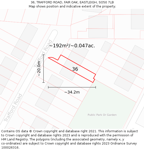 36, TRAFFORD ROAD, FAIR OAK, EASTLEIGH, SO50 7LB: Plot and title map