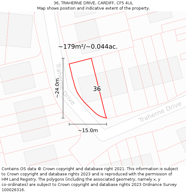 36, TRAHERNE DRIVE, CARDIFF, CF5 4UL: Plot and title map
