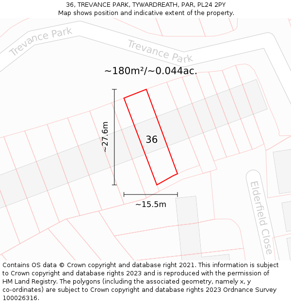 36, TREVANCE PARK, TYWARDREATH, PAR, PL24 2PY: Plot and title map