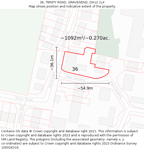 36, TRINITY ROAD, GRAVESEND, DA12 1LX: Plot and title map