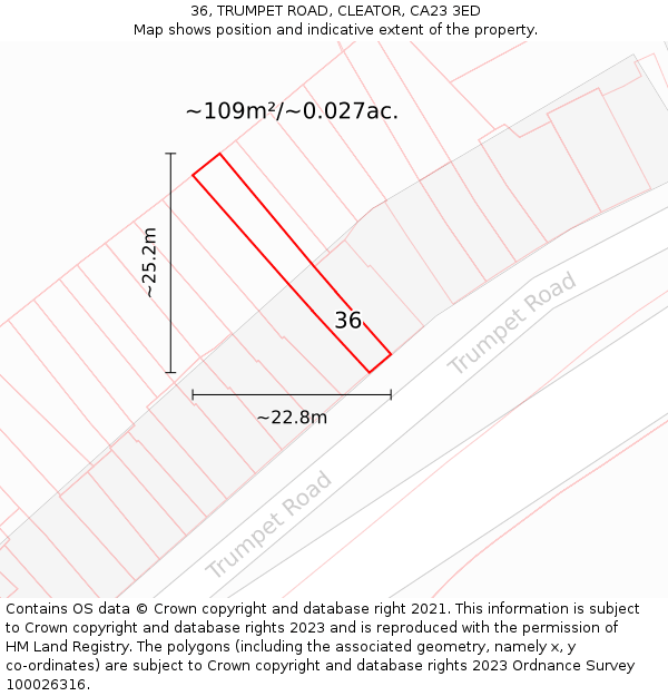 36, TRUMPET ROAD, CLEATOR, CA23 3ED: Plot and title map
