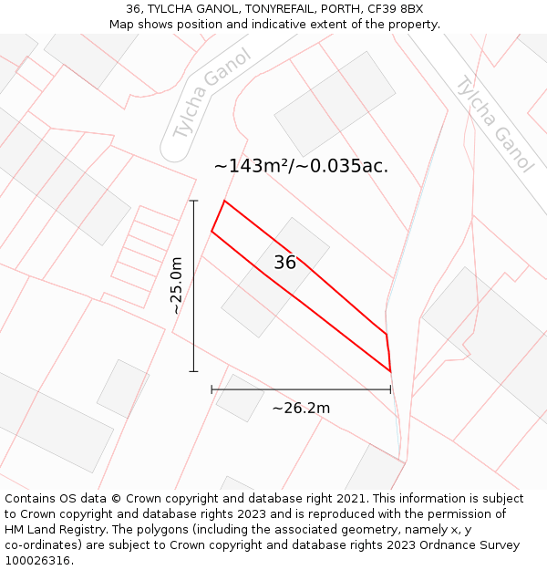 36, TYLCHA GANOL, TONYREFAIL, PORTH, CF39 8BX: Plot and title map