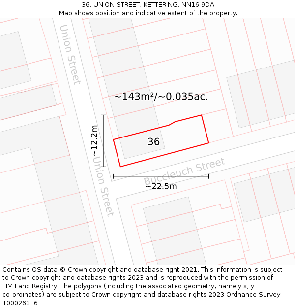 36, UNION STREET, KETTERING, NN16 9DA: Plot and title map