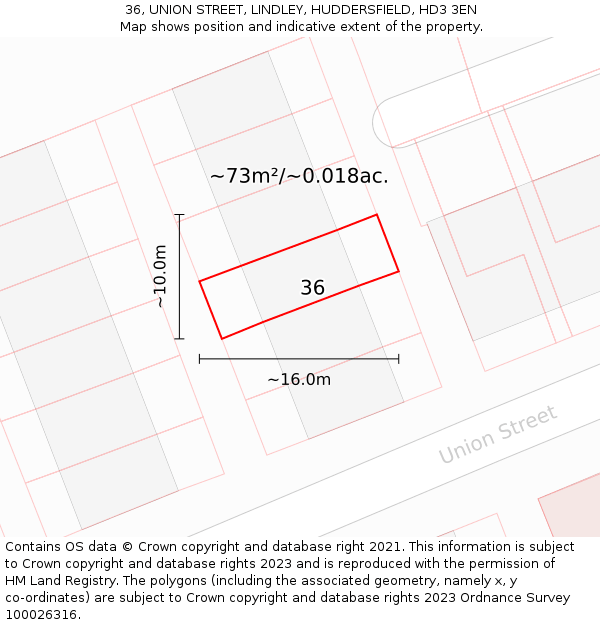 36, UNION STREET, LINDLEY, HUDDERSFIELD, HD3 3EN: Plot and title map
