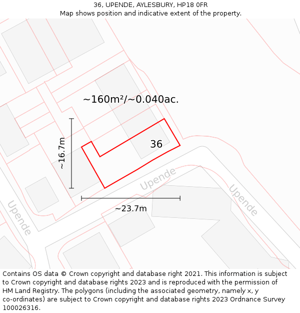 36, UPENDE, AYLESBURY, HP18 0FR: Plot and title map