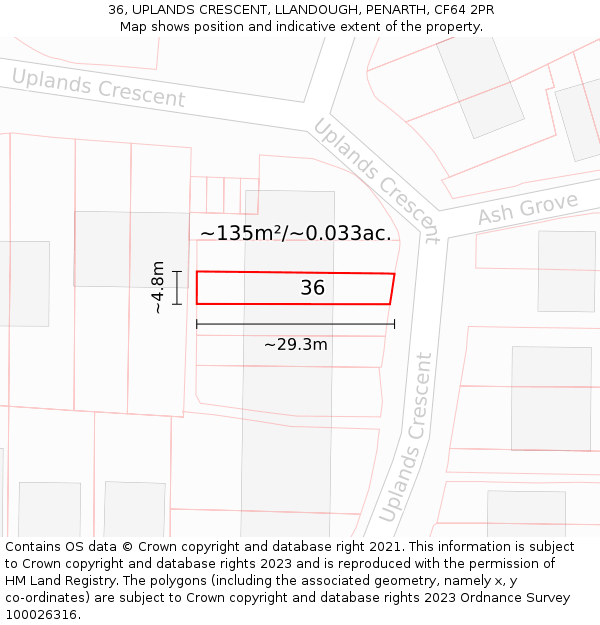 36, UPLANDS CRESCENT, LLANDOUGH, PENARTH, CF64 2PR: Plot and title map