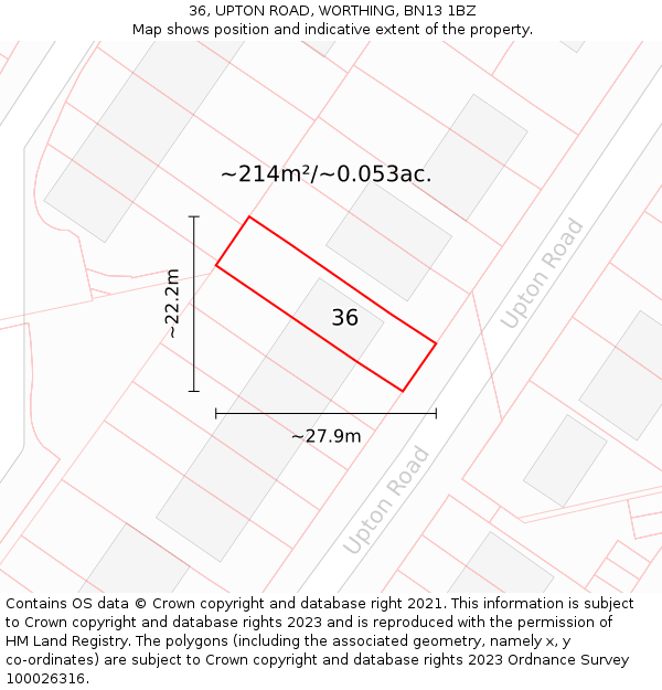 36, UPTON ROAD, WORTHING, BN13 1BZ: Plot and title map