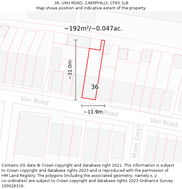 36, VAN ROAD, CAERPHILLY, CF83 1LB: Plot and title map
