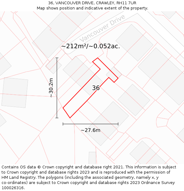 36, VANCOUVER DRIVE, CRAWLEY, RH11 7UR: Plot and title map