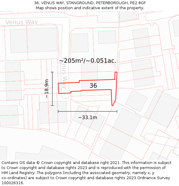 36, VENUS WAY, STANGROUND, PETERBOROUGH, PE2 8GF: Plot and title map