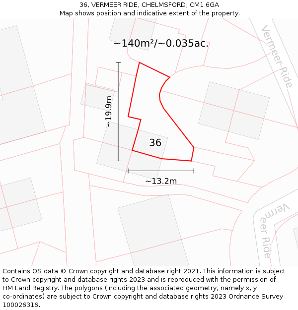 36, VERMEER RIDE, CHELMSFORD, CM1 6GA: Plot and title map