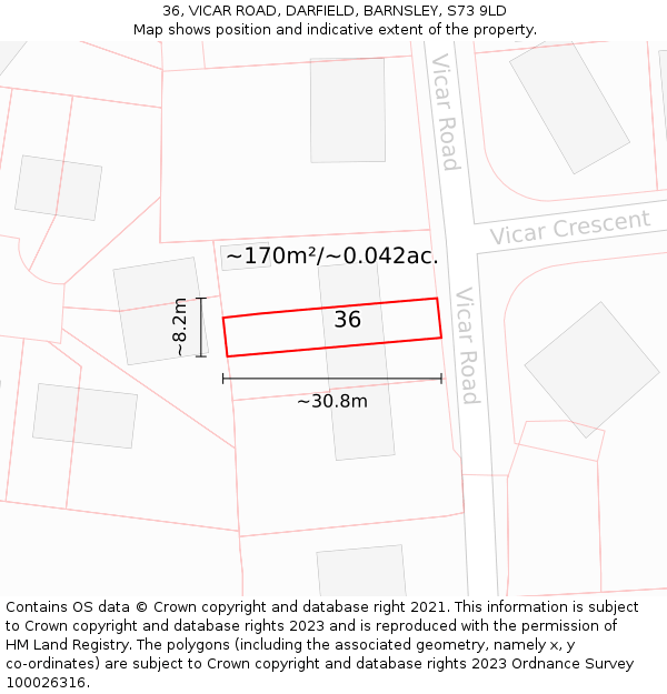 36, VICAR ROAD, DARFIELD, BARNSLEY, S73 9LD: Plot and title map