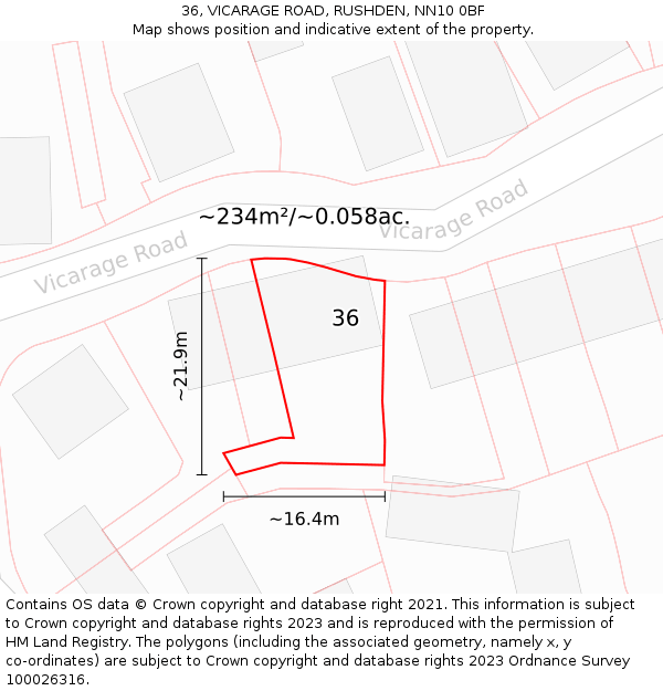 36, VICARAGE ROAD, RUSHDEN, NN10 0BF: Plot and title map