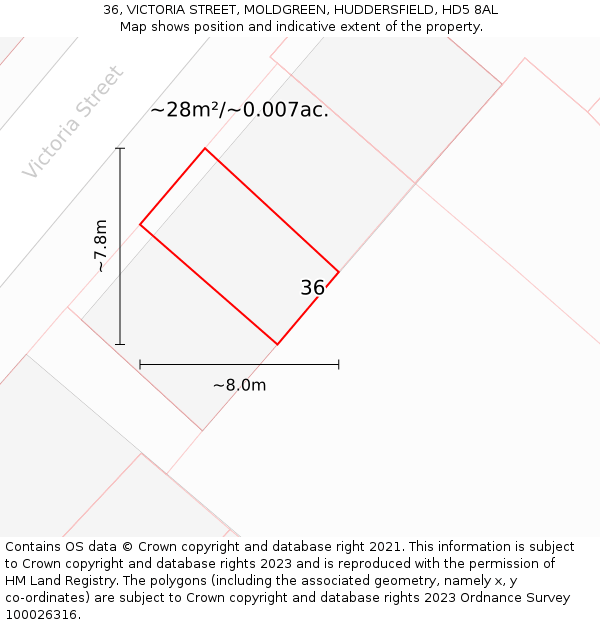 36, VICTORIA STREET, MOLDGREEN, HUDDERSFIELD, HD5 8AL: Plot and title map