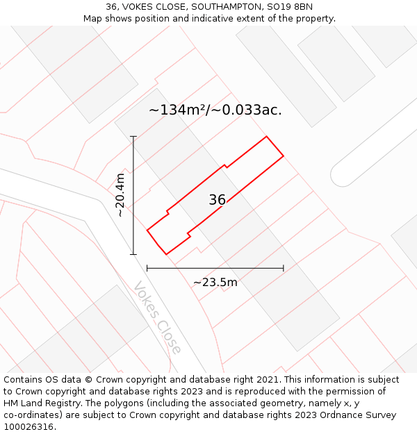 36, VOKES CLOSE, SOUTHAMPTON, SO19 8BN: Plot and title map