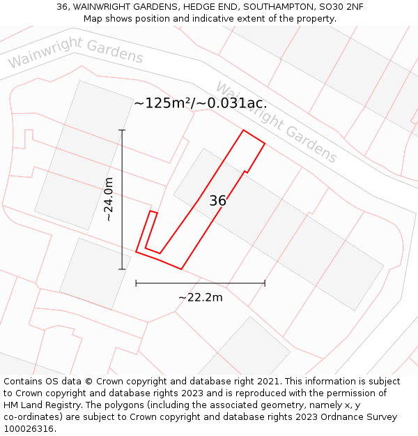 36, WAINWRIGHT GARDENS, HEDGE END, SOUTHAMPTON, SO30 2NF: Plot and title map