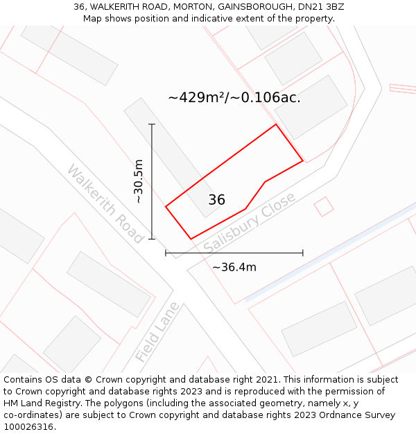 36, WALKERITH ROAD, MORTON, GAINSBOROUGH, DN21 3BZ: Plot and title map