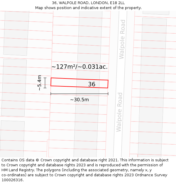 36, WALPOLE ROAD, LONDON, E18 2LL: Plot and title map