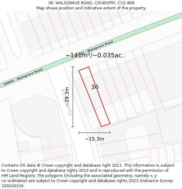 36, WALSGRAVE ROAD, COVENTRY, CV2 4EB: Plot and title map
