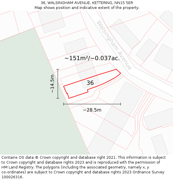 36, WALSINGHAM AVENUE, KETTERING, NN15 5ER: Plot and title map
