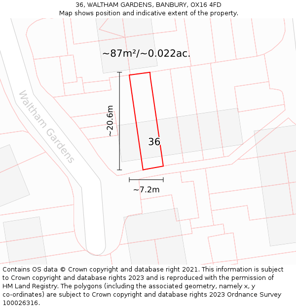 36, WALTHAM GARDENS, BANBURY, OX16 4FD: Plot and title map