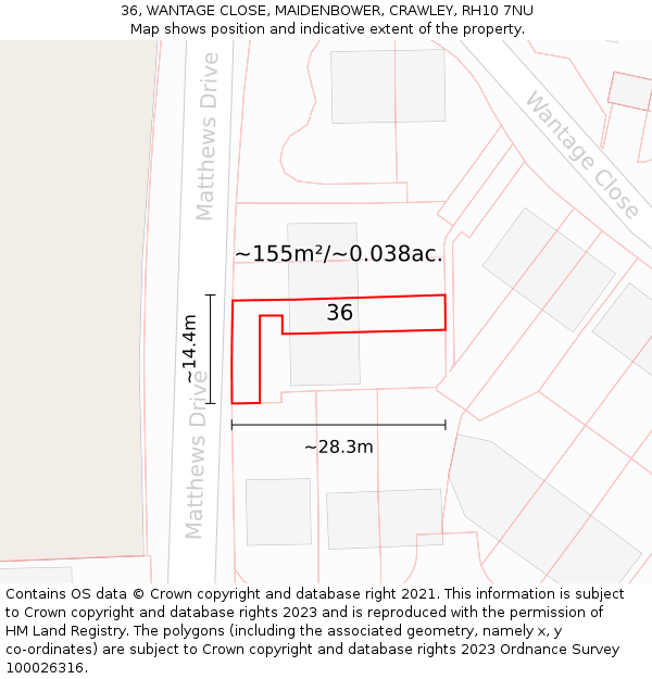 36, WANTAGE CLOSE, MAIDENBOWER, CRAWLEY, RH10 7NU: Plot and title map