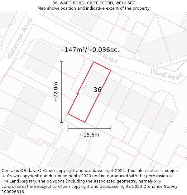 36, WARD ROAD, CASTLEFORD, WF10 5FZ: Plot and title map