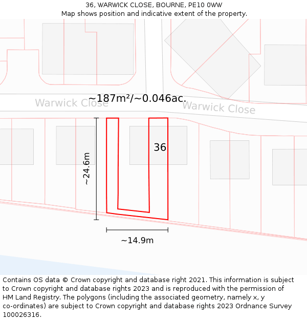 36, WARWICK CLOSE, BOURNE, PE10 0WW: Plot and title map