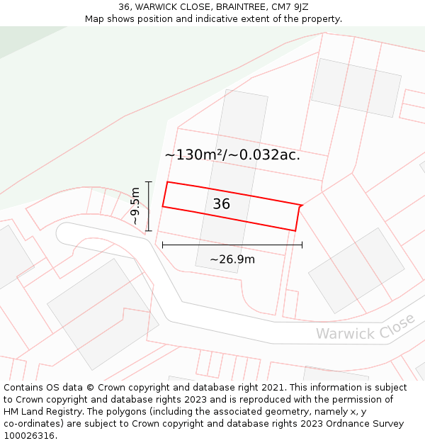 36, WARWICK CLOSE, BRAINTREE, CM7 9JZ: Plot and title map